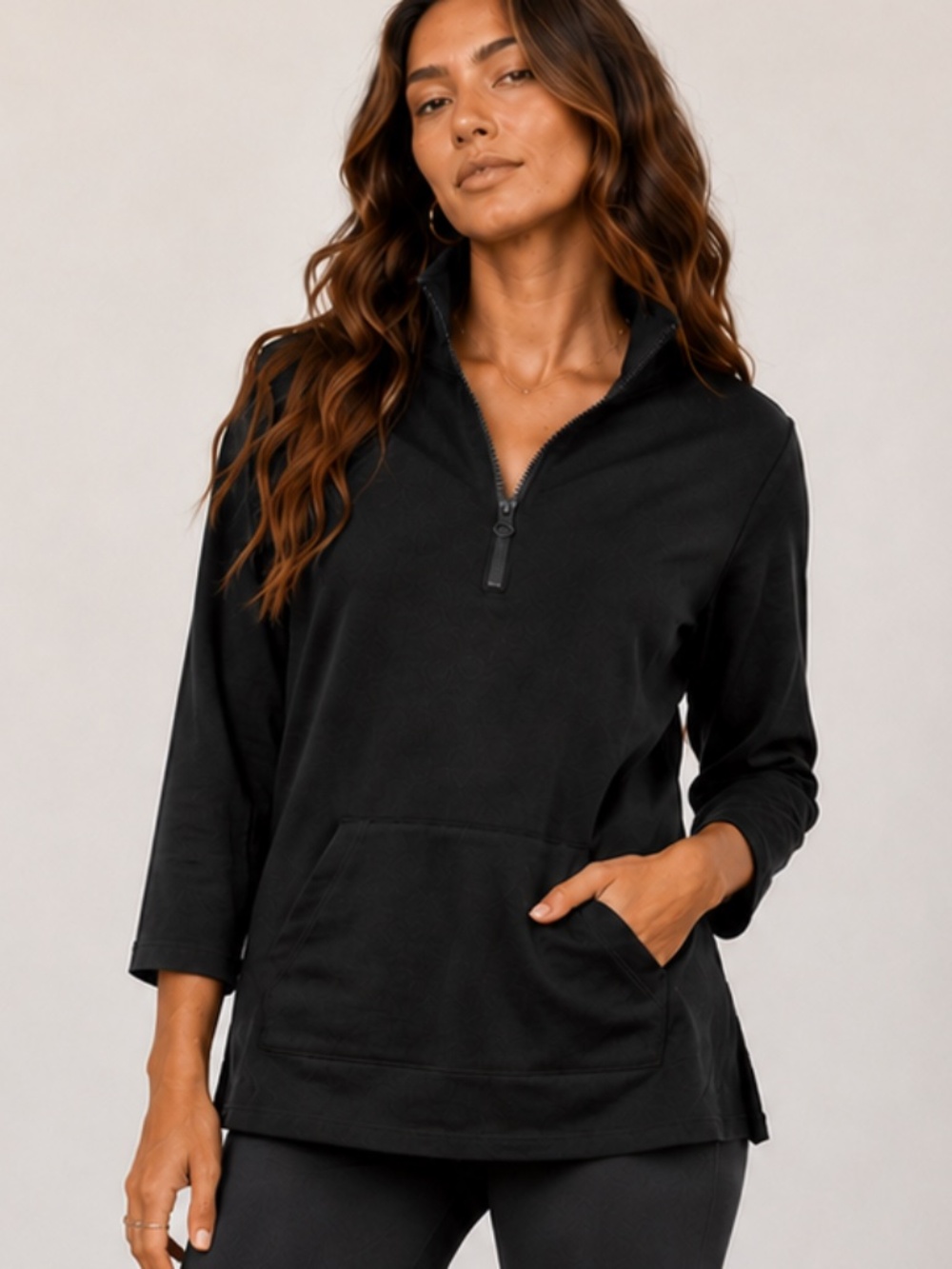 ISAAC MIZRAHI Soho Mock Neck 3/4 Sleeve Quarter Zip Pullover Black Sweatshirt S